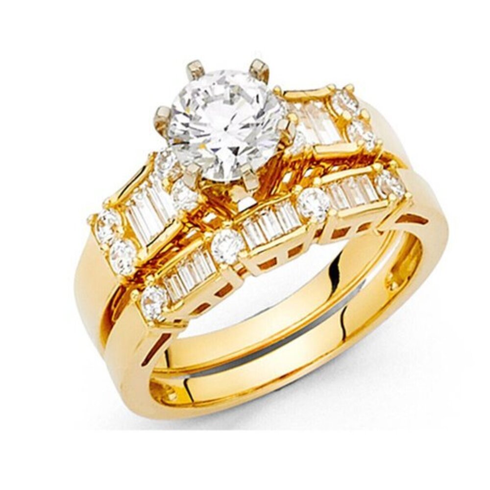 6-Prong Round & Baguette 1.25CT Wedding Ring Set in 14K Yellow Gold
